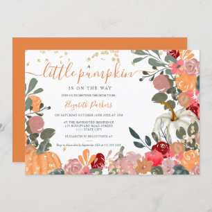 Orange red floral pumpkin fall baby shower invitation