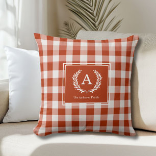 Orange-Red Gingham Monogram Crest Throw Pillow