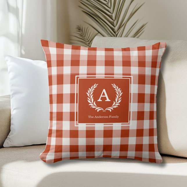 Orange-Red Gingham Monogram Crest Throw Pillow (Orange-Red Gingham Monogram Crest Throw Pillow)