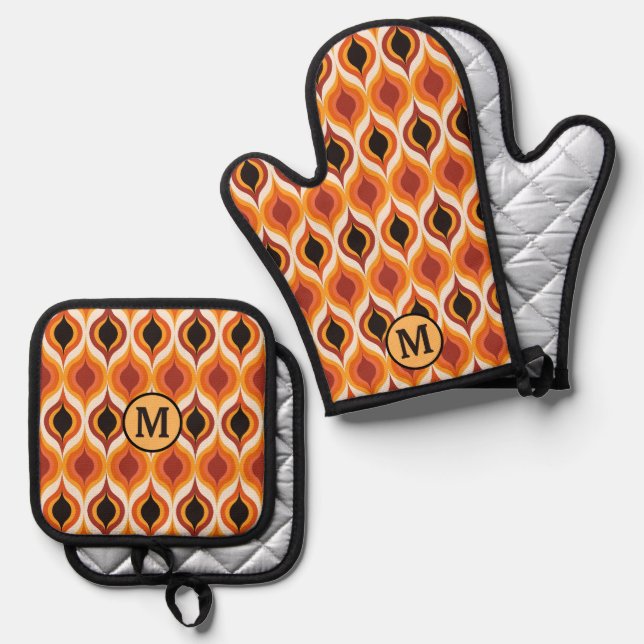 Orange Red Gold Abstract Flame Pattern Monogram Oven Mitt & Pot Holder Set (Front/Back)