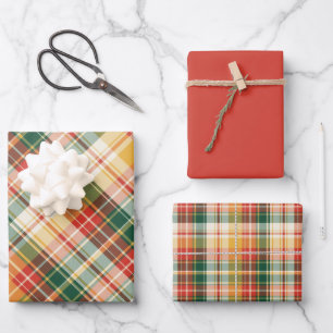 Orange, Red, Green & Yellow Plaid Wrapping Paper Sheet