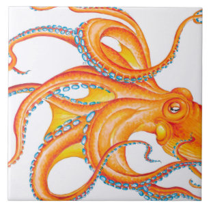 Orange Red Kraken Octopus Ink Art Dance Tile