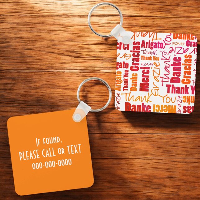 Orange Red Multilingual "Thank You" Typography Key Keychain (gratitude word cloud key ring front and back with template text)