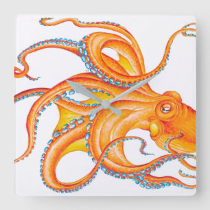 Orange red Octopus Ink Art Dance Square Wall Clock