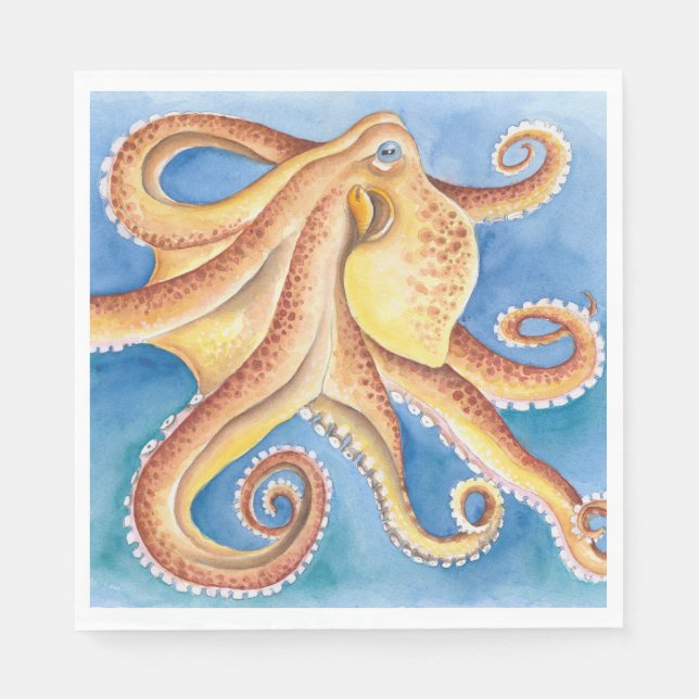 Orange Red Octopus Watercolor Ink Napkin (Front)