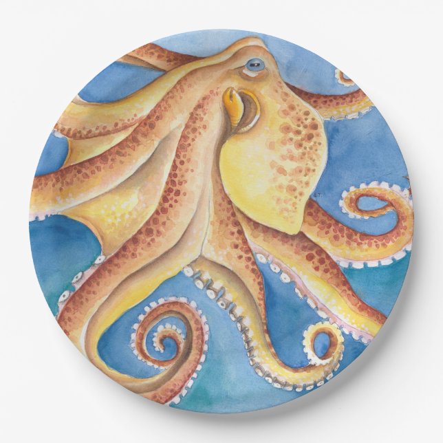 Orange Red Octopus Watercolor Ink Paper Plate (Front)