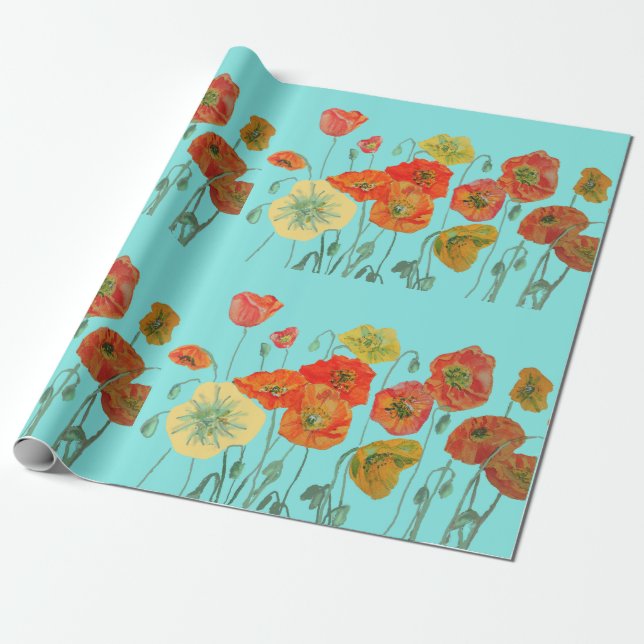 Orange Red Poppies Aqua Watercolor Wrapping Paper (Unrolled)