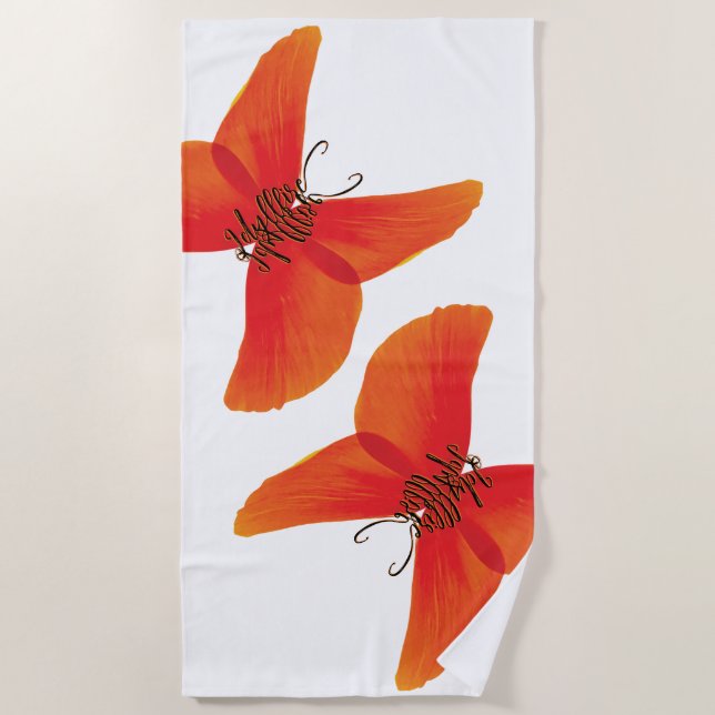 Orange Red Poppy Butterflies with Your Name Beach Towel (Front)