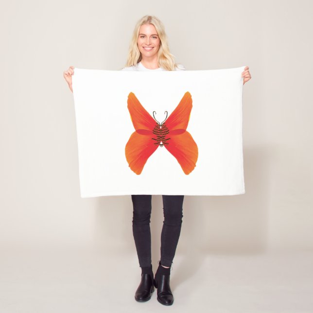 Orange Red Poppy Butterfly with Your Name Fleece Blanket (In Situ)