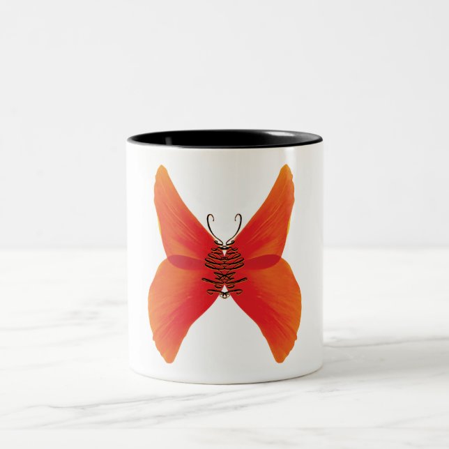 Orange Red Poppy Butterfly with Your Name Two-Tone Coffee Mug (Center)