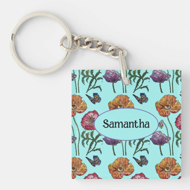 Orange Red Poppy Floral Aqua Customizable Name Keychain (Front)
