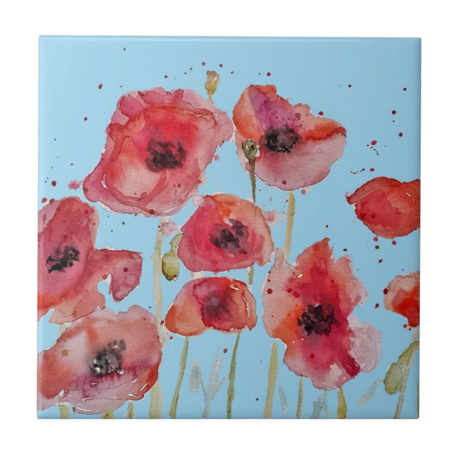 Orange Red Poppy Flower Pattern on Blue Tile (Front)