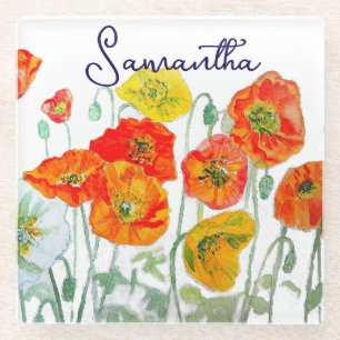 Orange Red Poppy Flower Pattern Thank You Glass Coaster