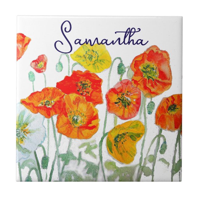 Orange Red Poppy Flower Pattern Thank You Tile (Front)