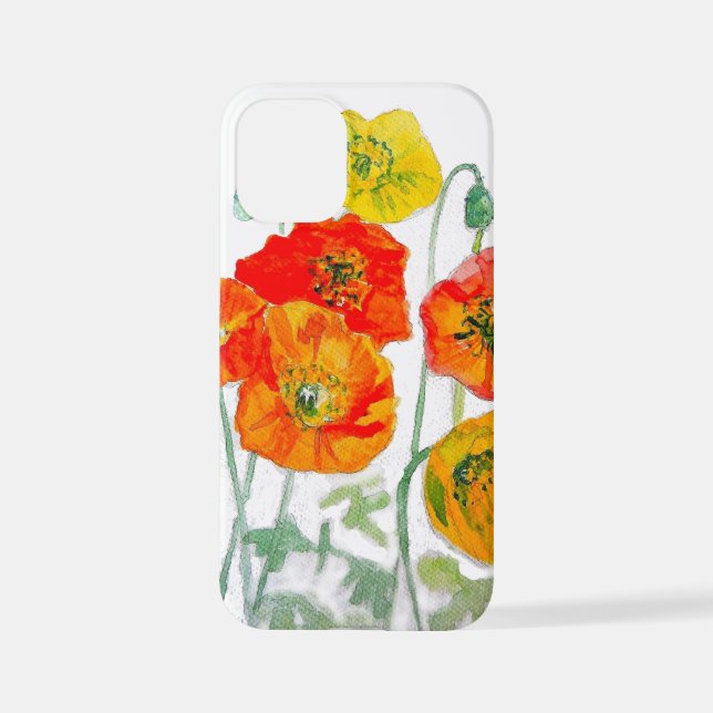 Orange Red Poppy Flower Pattern Watercolor iPhone Case (Back)