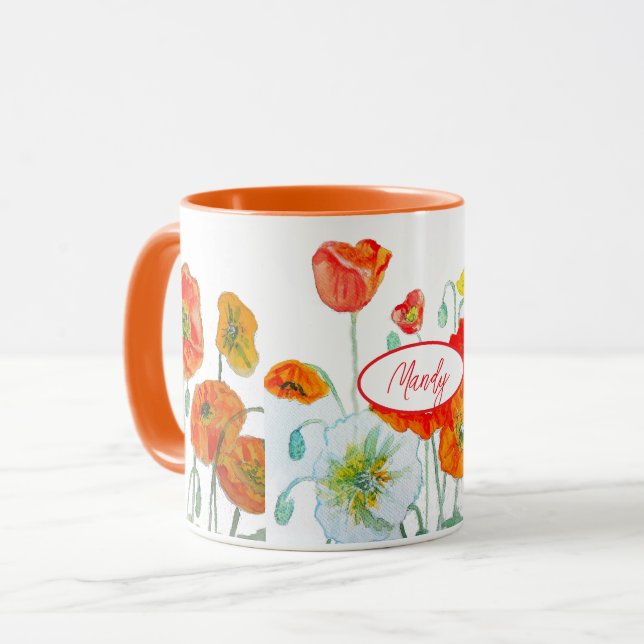 Orange Red Poppy Flower Pattern Watercolor Mug (Front Left)
