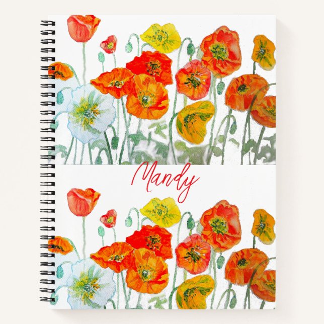 Orange Red Poppy Flower Pattern Watercolor Notebook (Front)