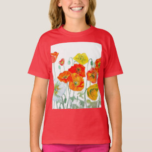 Orange Red Poppy Flower Pattern Watercolor T-Shirt