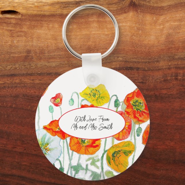 Orange Red Poppy Flower Pattern Watercolor Wedding Keychain (Front)