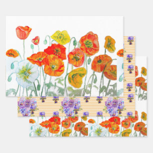 Orange Red Poppy Flower Pattern Watercolor Wrapping Paper Sheet