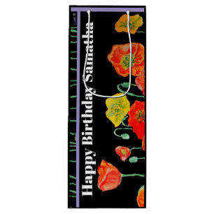 Orange Red Poppy Flower Watercolor Womans BIrthday Wine Gift Bag