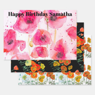 Orange Red Poppy Flower Watercolor Womans BIrthday Wrapping Paper Sheet