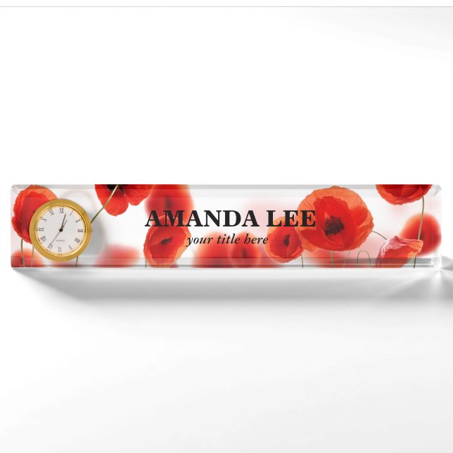 Orange Red Poppy Flowers on White Personalized Nameplate (Front)