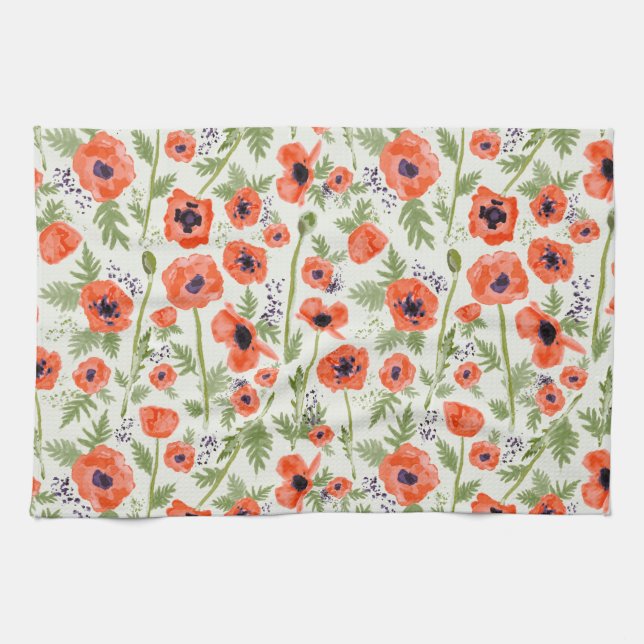 Orange Red Poppy Flowers Watercolor Pattern Kitchen Towel (Horizontal)