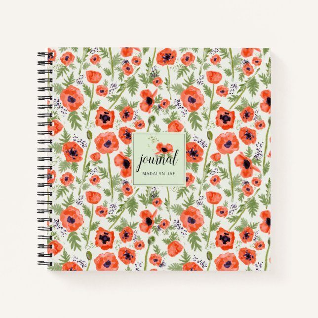 Orange Red Poppy Flowers Watercolor Pattern Notebook (Front)