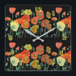 Orange Red poppy Poppies Floral Watercolor Black  Square Wall Clock<br><div class="desc">Orange Red poppy Poppies Floral Watercolor Black Square Wall Clock. Designed from my original watercolour art.</div>