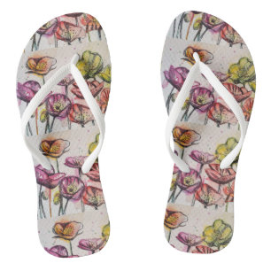  Orange Red Purple Poppies Floral Flowers Ladies  Flip Flops