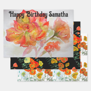 Orange Red Rose Flower Watercolor Womans BIrthday Wrapping Paper Sheet