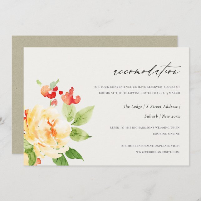 ORANGE RED ROSE WATERCOLOR FLORAL ACCOMMODATION INVITATION (Front/Back)