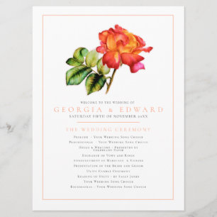 Orange red stripe rose watercolor wedding program
