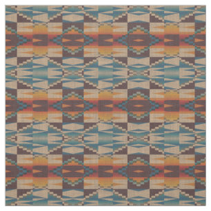 Orange Red Teal Blue Brown Aztec Mosaic Pattern Fabric