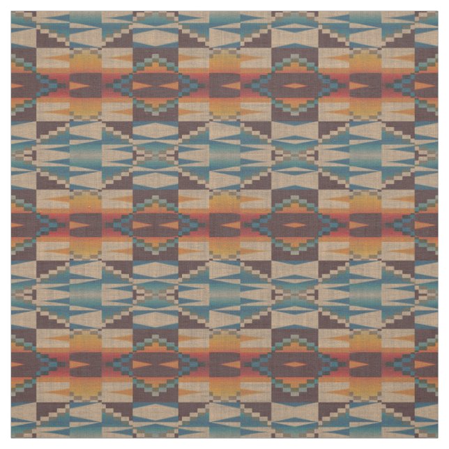 Orange Red Teal Blue Brown Aztec Mosaic Pattern Fabric (Swatch)