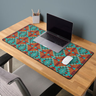 Orange Red Teal Turquoise Blue Green Retro Pattern Desk Mat