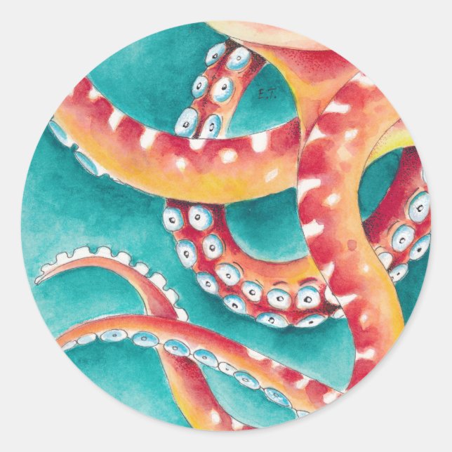 Orange Red Tentacles Classic Round Sticker (Front)