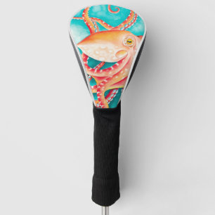 Orange Red Tentacles Octopus Watercolor Golf Head Cover