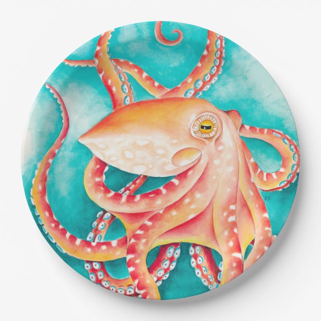 Orange Red Tentacles Octopus Watercolor Paper Plate (Front)