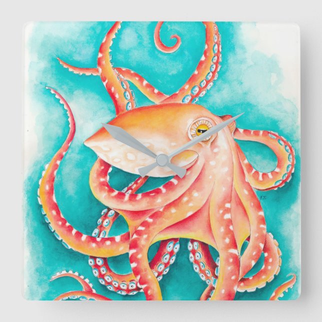 Orange Red Tentacles Octopus Watercolor Square Wall Clock (Front)