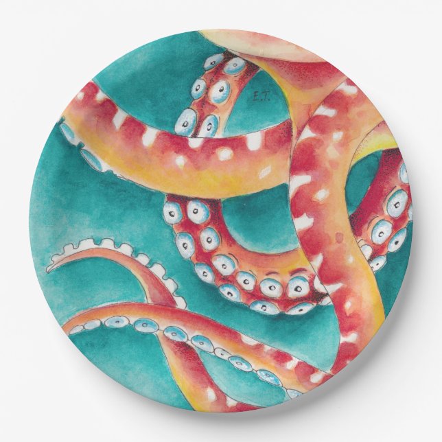 Orange Red Tentacles Paper Plate (Front)