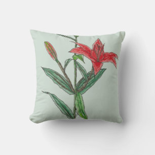Orange Red Tiger Lily Flower on Blue Green Throw Pillow