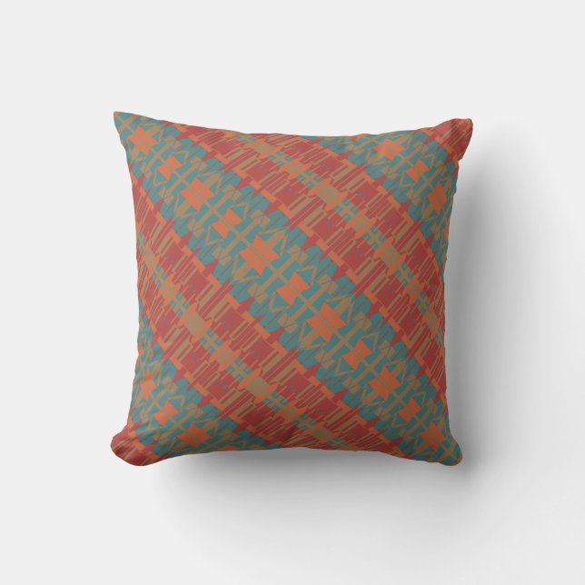 Orange Red Turquoise on Tan Slanted Small Tiles Throw Pillow (Front)