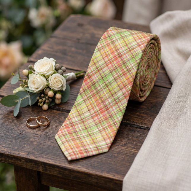 Orange Red Yellow Lime Green Gingham Plaid Pattern Tie (Creator Uploaded)