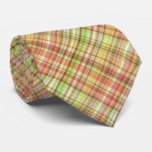 Orange Red Yellow Lime Green Gingham Plaid Pattern Tie