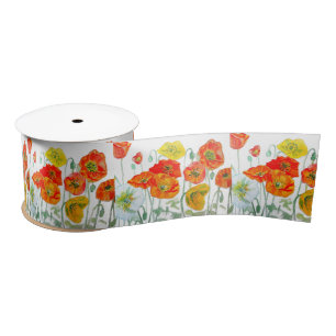 Orange Red Yellow Poppy Watercolor Cushion White Satin Ribbon