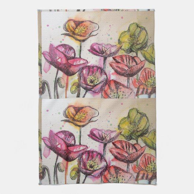 Orange Red Yellow Poppy Watercolour Tea Towel (Vertical)