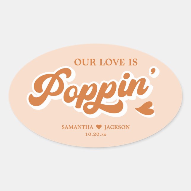 Orange Retro 70s Boho Popcorn Wedding Favour Oval Sticker (Front)
