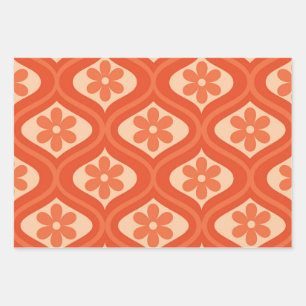 Orange retro 70s flower on ogee pattern  wrapping paper sheet